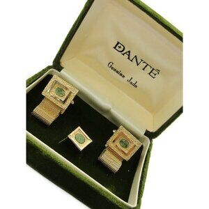 Dante Cufflinks Genuine Jade Mesh Set Gold Tone Wedding Tux Vintage IOB